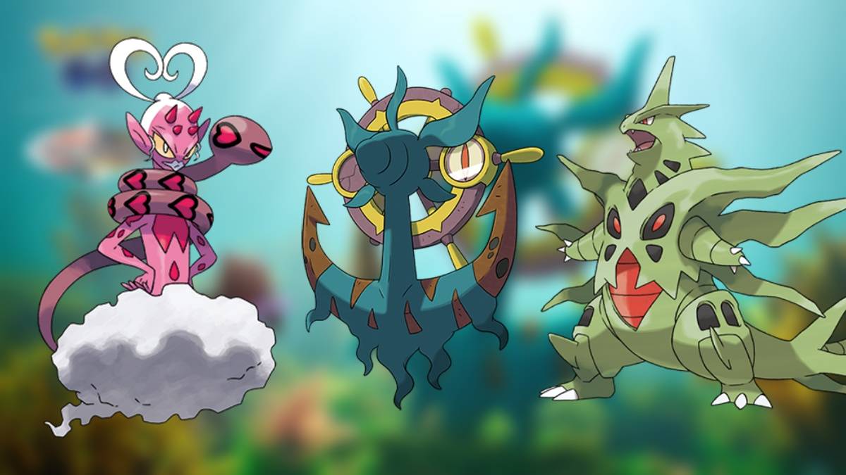 Enamorus, Dhelmise, and Mega Tyranitar from Pokemon GO, appearing as Raid bosses in Beloved Buddies