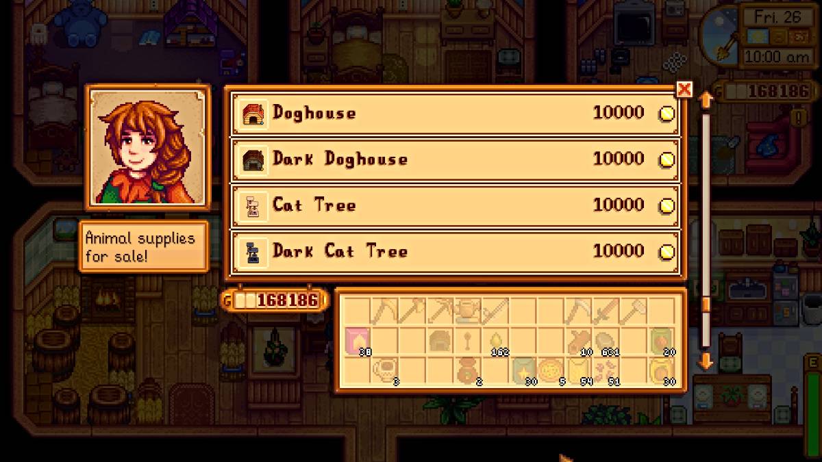 Fournitures pour animaux de compagnie au Marnie's Ranch Shop à Stardew Valley