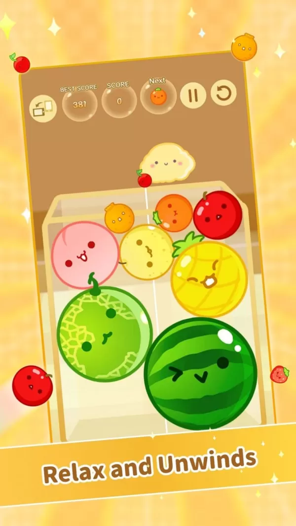 A picture of gameplay in Suika game showing action where fruits fall to rack up combos.